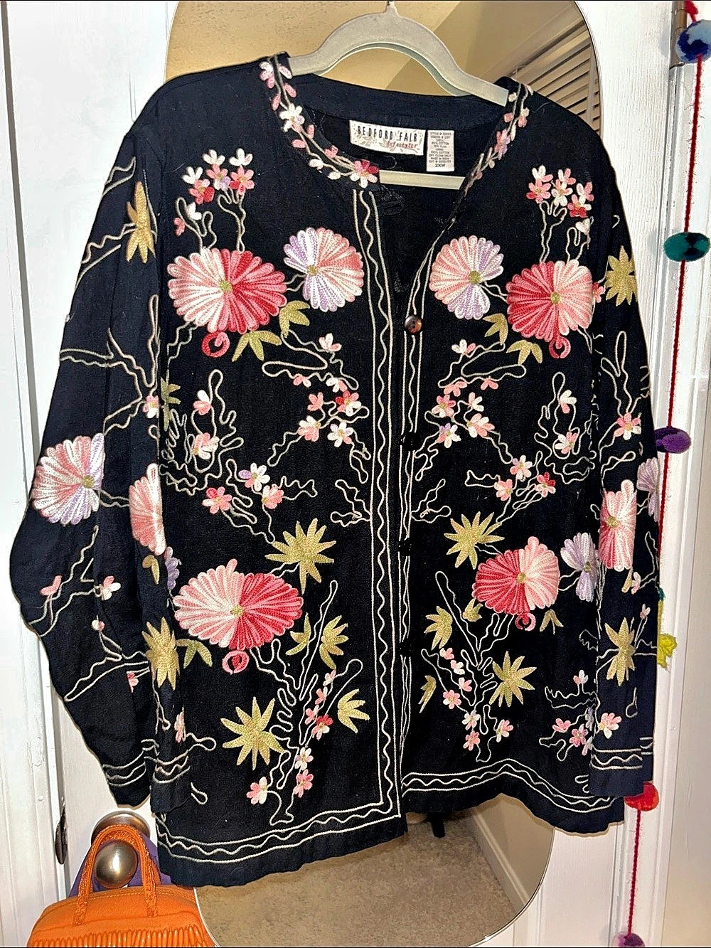 BEDFORD FAIR Floral Embroidered Blouse in Black & Pink Like New